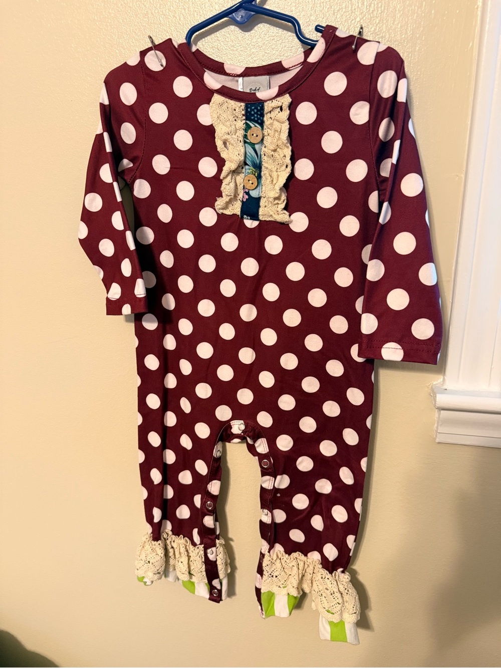 Dash of Glitter Girls 12-18M Polka Dot Crochet Ruffle Romper Boutique
